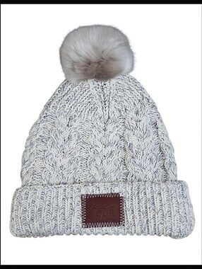 Love Your Melon Cable Thick Knit Cuffed Faux Fur Pom Beanie Hat Off White Gra